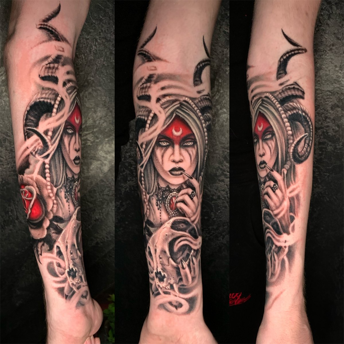 Black and gray forearm sleeve tattoo of a dark sorceress with horns and red accent details by Zack Ross, tattoo artist Kyle TX serving Austin Texas