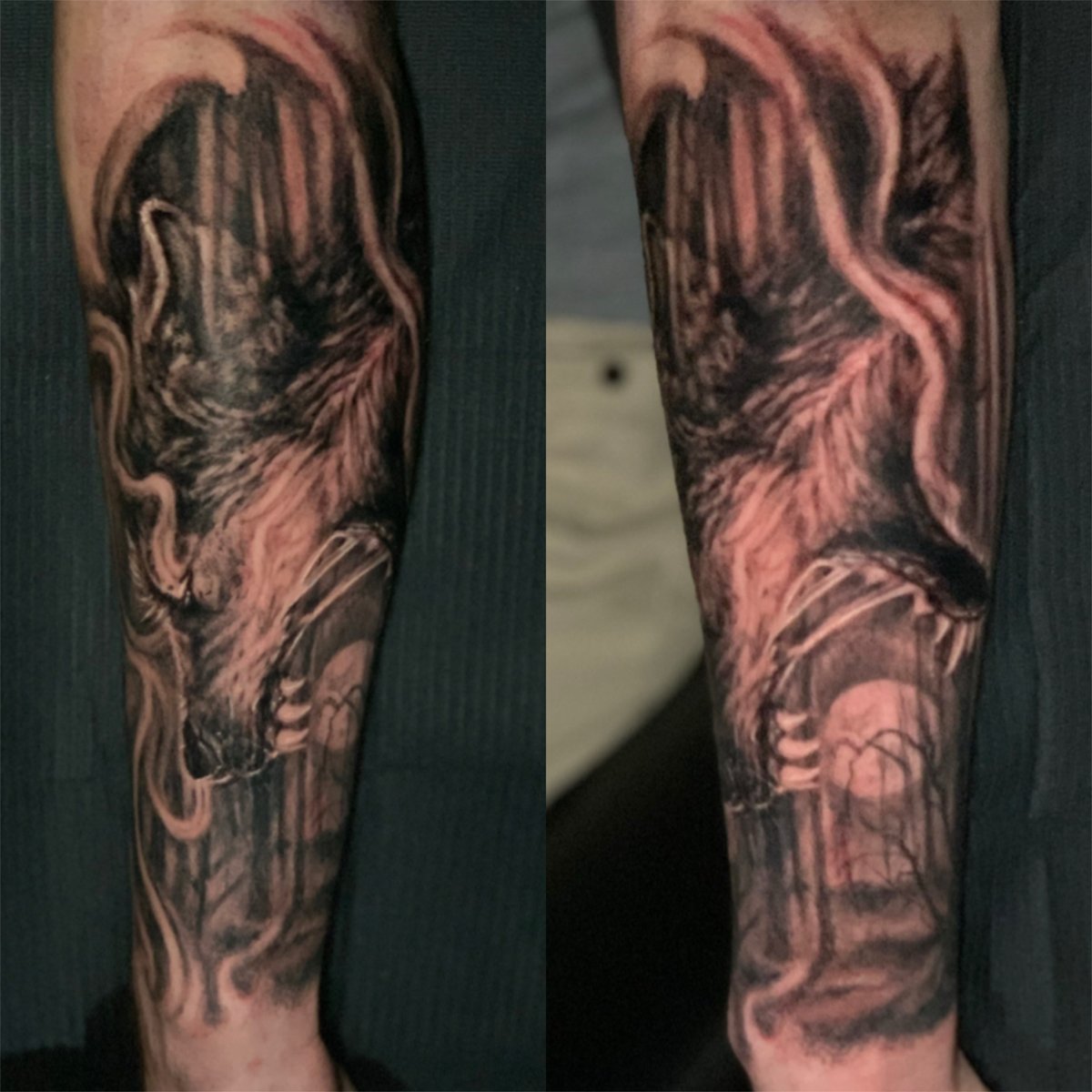 Black and gray snarling werewolf forearm tattoo with atmospheric forest and full moon background by Zack Ross, Kyle TX tattoo artist near Austin
