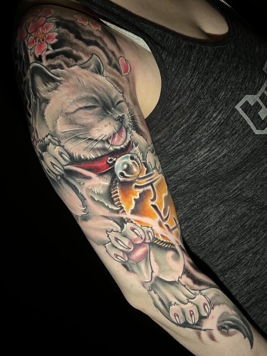 Bold color tattoo work by Zack Ross, neo-traditional illustrative style, large scale tattoo artist Kyle TX near Austin