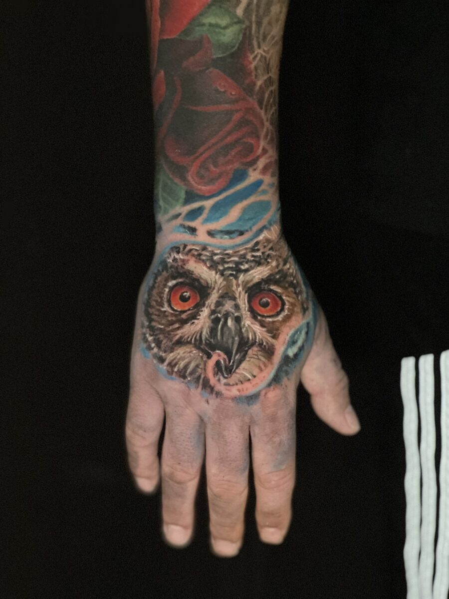 Full color sleeve section by Zack Ross, bold neo-traditional color tattoo Kyle TX near Austin serving Dallas Texas