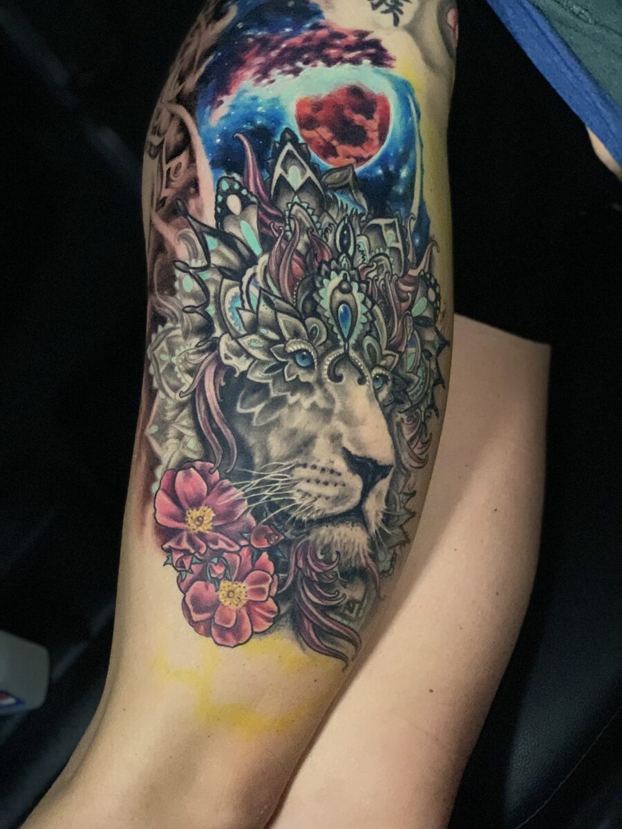 Detailed color tattoo by Zack Ross with vibrant illustrative linework, large scale custom tattoo artist Kyle TX near Austin