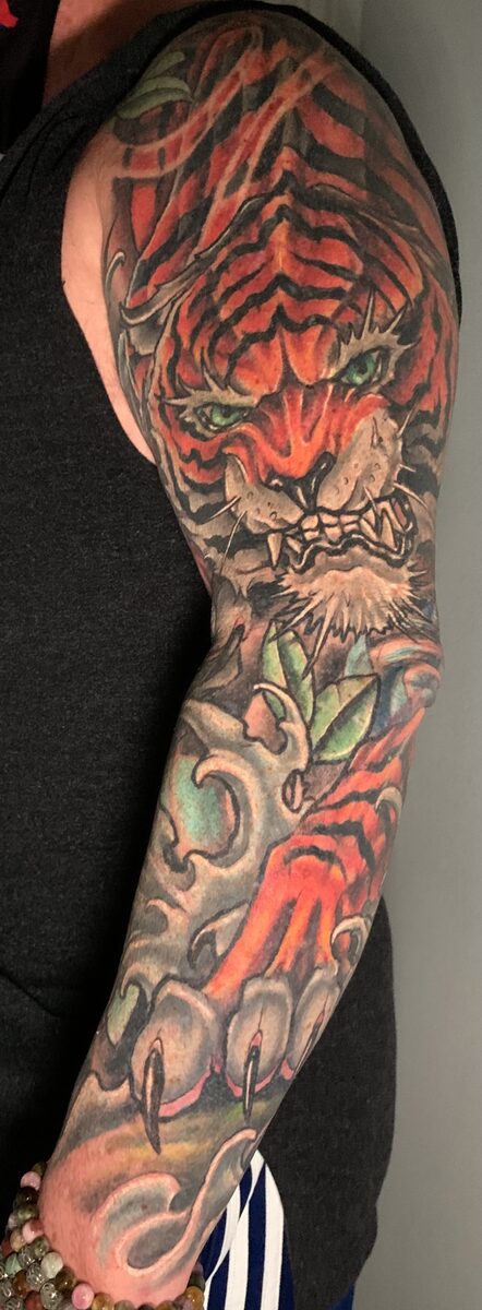 Color sleeve tattoo panel by Zack Ross, Japanese neo-traditional influenced color work, tattoo artist Kyle TX near Austin and Dallas