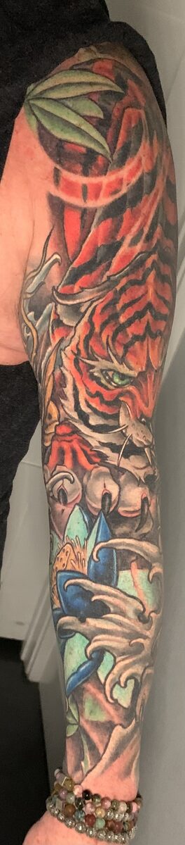 Color sleeve tattoo detail by Zack Ross, bold saturated color tattoo design Kyle TX serving Austin and Dallas Texas