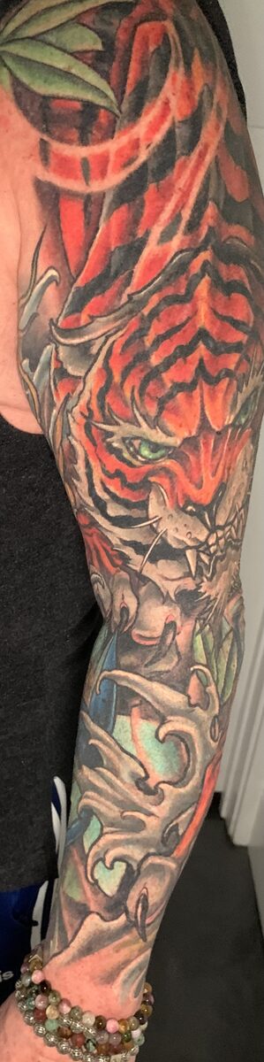 Full color sleeve tattoo section by Zack Ross, large scale illustrative color tattoo artist Kyle TX near Austin Texas