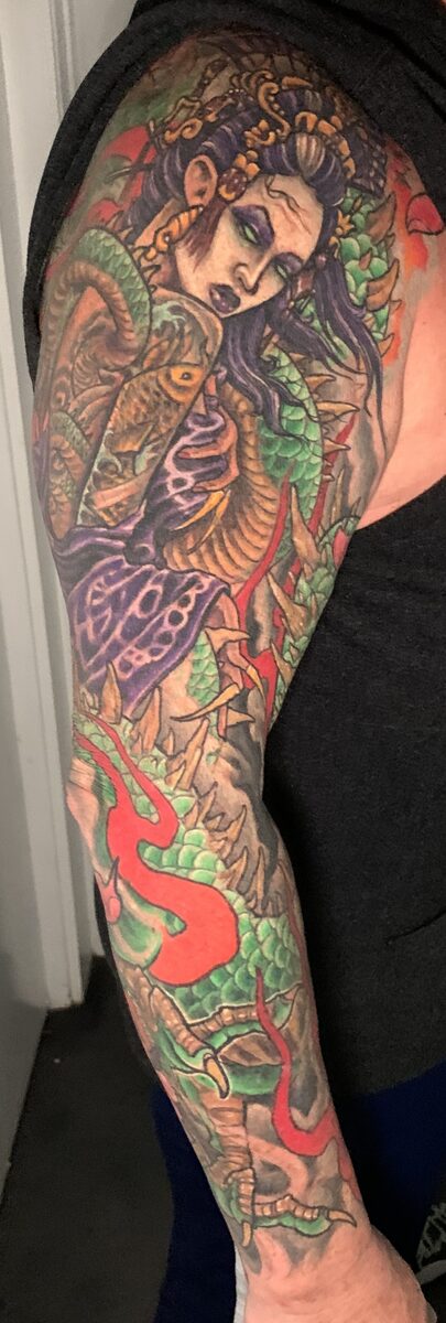 Color sleeve tattoo panel by Zack Ross featuring rich neo-traditional color work, custom tattoo artist Kyle TX near Austin