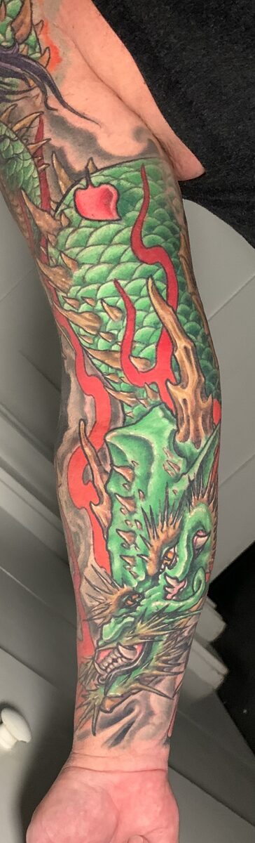 Color sleeve tattoo detail by Zack Ross, vivid large scale color tattoo work, tattoo artist Kyle TX near Austin and Dallas