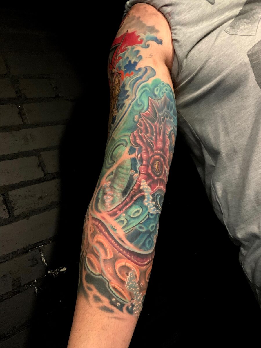 Color sleeve tattoo section by Zack Ross showing detailed neo-traditional color work, custom tattoo artist Kyle TX near Austin Texas