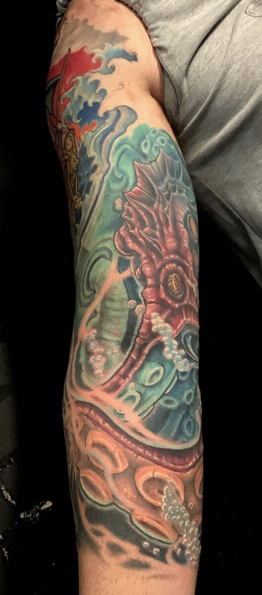 Full color sleeve tattoo panel by Zack Ross, bold saturated color illustrative tattoo, large scale tattoo artist Kyle TX near Austin