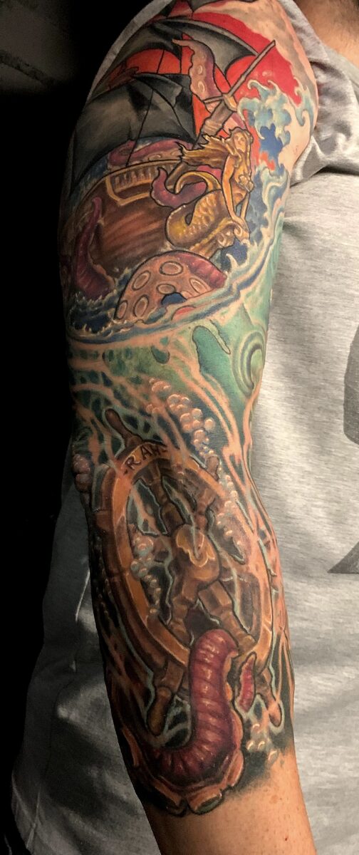 Vibrant color sleeve section by Zack Ross, rich neo-traditional color tattoo design Kyle TX serving Austin and Dallas Texas