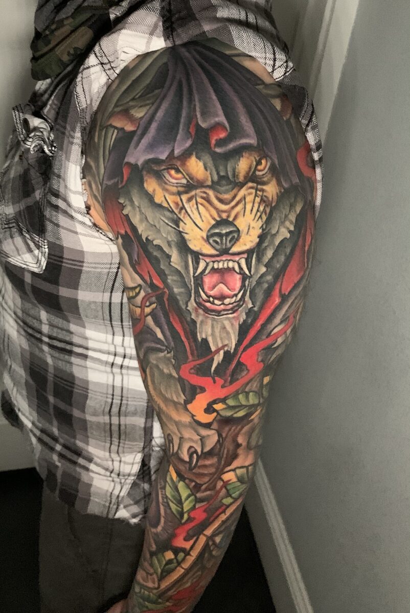 Bold color tattoo work by Zack Ross featuring vivid illustrative style, custom large scale color tattoo artist Kyle TX near Austin
