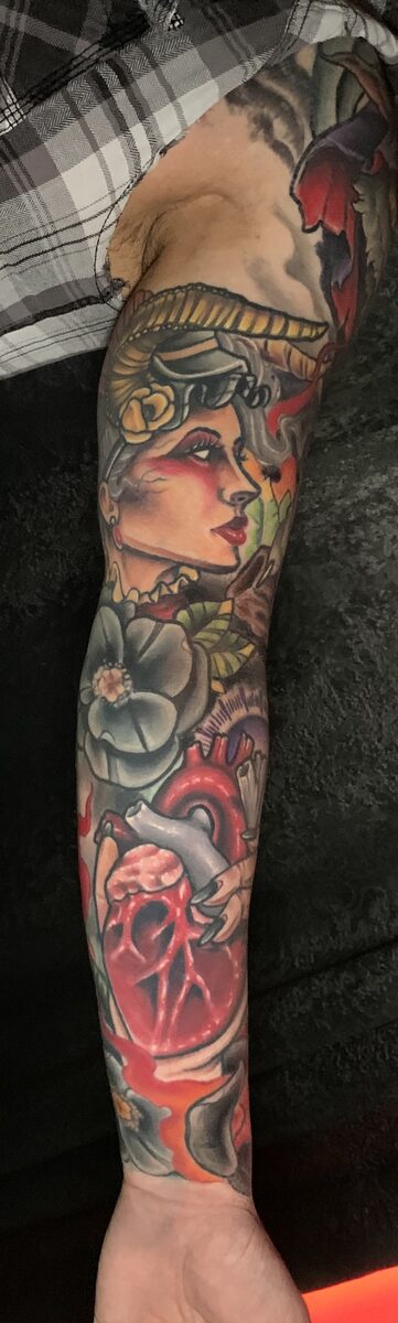 Color sleeve tattoo by Zack Ross with full coverage bold color work, tattoo artist Kyle TX near Austin serving Dallas Texas