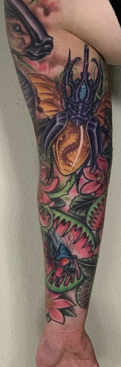 Vivid color tattoo piece by Zack Ross, custom neo-traditional illustrative color design, large scale tattoo artist Kyle TX near Austin