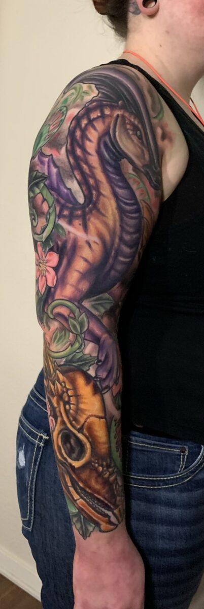 Vibrant color tattoo detail by Zack Ross, rich neo-traditional color sleeve work, large scale tattoo artist Kyle TX serving Austin and Dallas