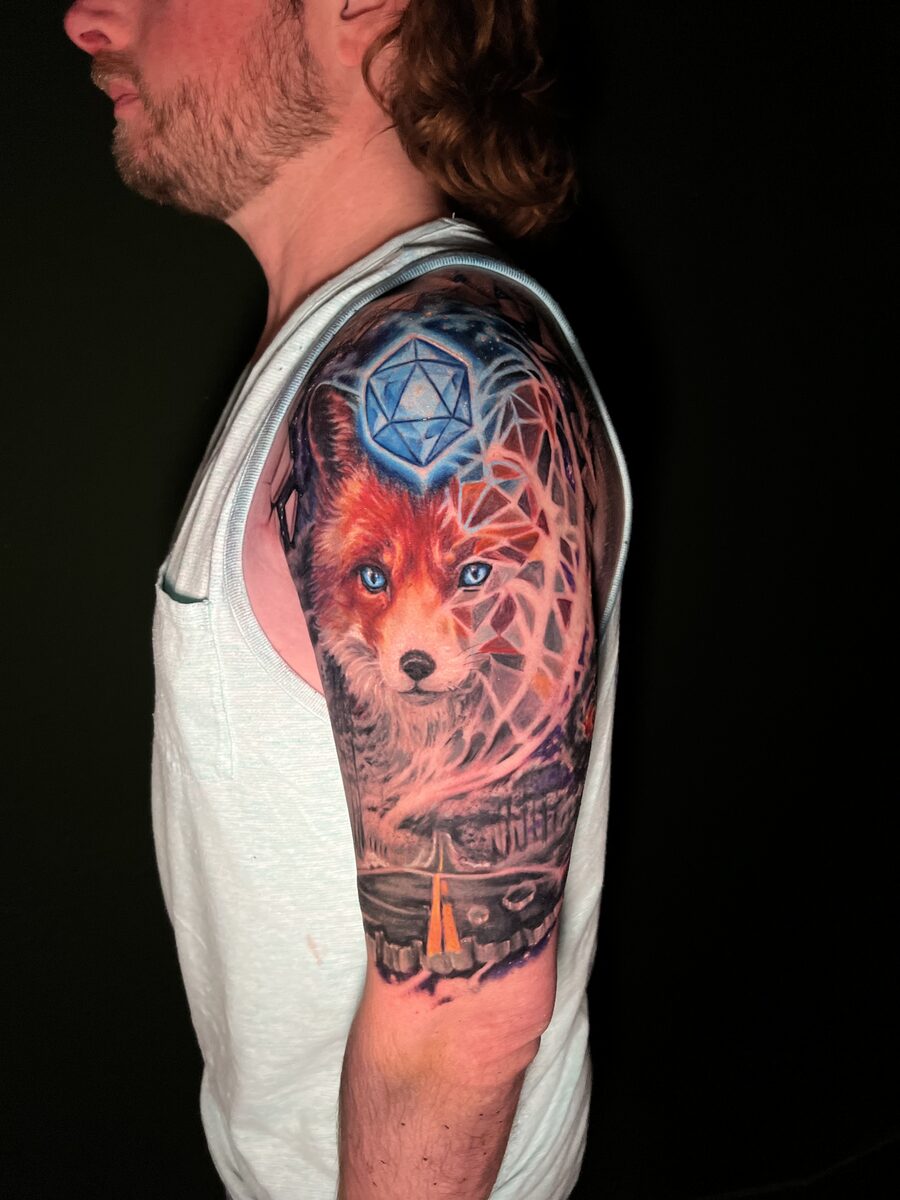 Bold color tattoo work by Zack Ross showing rich neo-traditional illustrative style, custom sleeve tattoo artist Kyle TX serving Austin and Dallas Texas