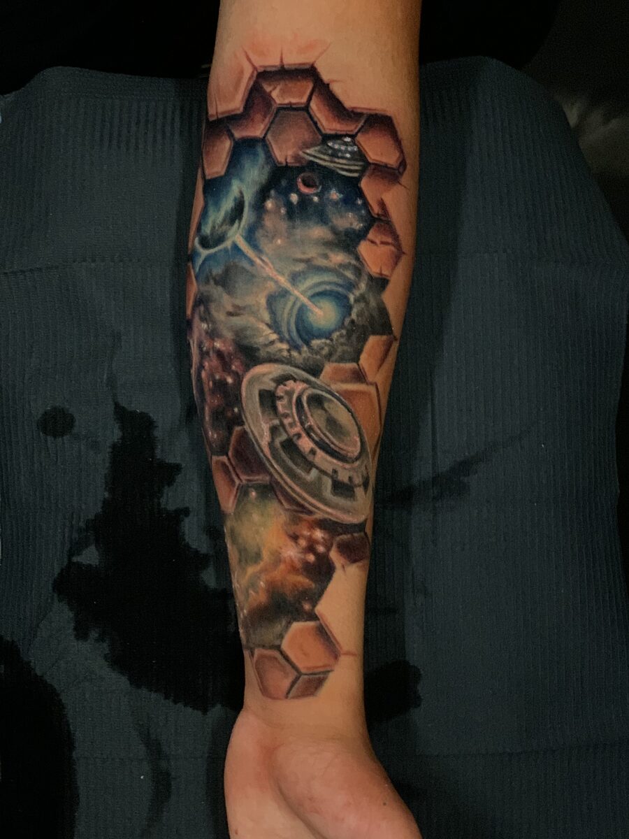 Full color sleeve section by Zack Ross, vibrant large scale color tattoo design, tattoo artist Kyle TX near Austin Texas