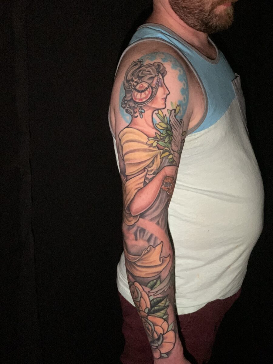 Color sleeve tattoo by Zack Ross with bold saturated neo-traditional color work, large scale tattoo artist Kyle TX near Austin and Dallas